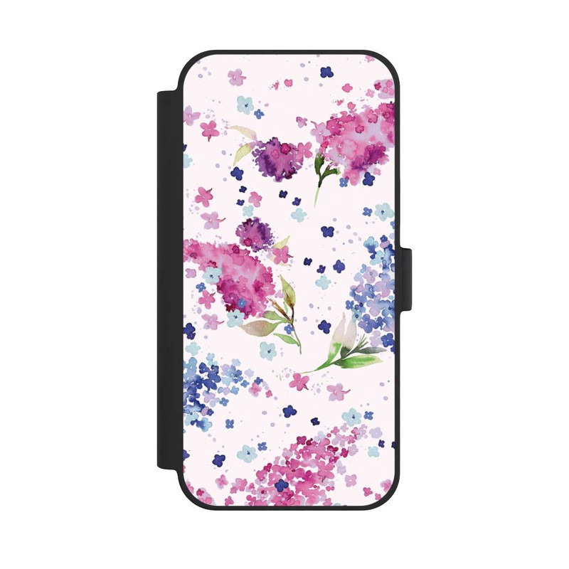iPhone 15 Plus NIVOflip Hortensien Lila und Rosa Blumen