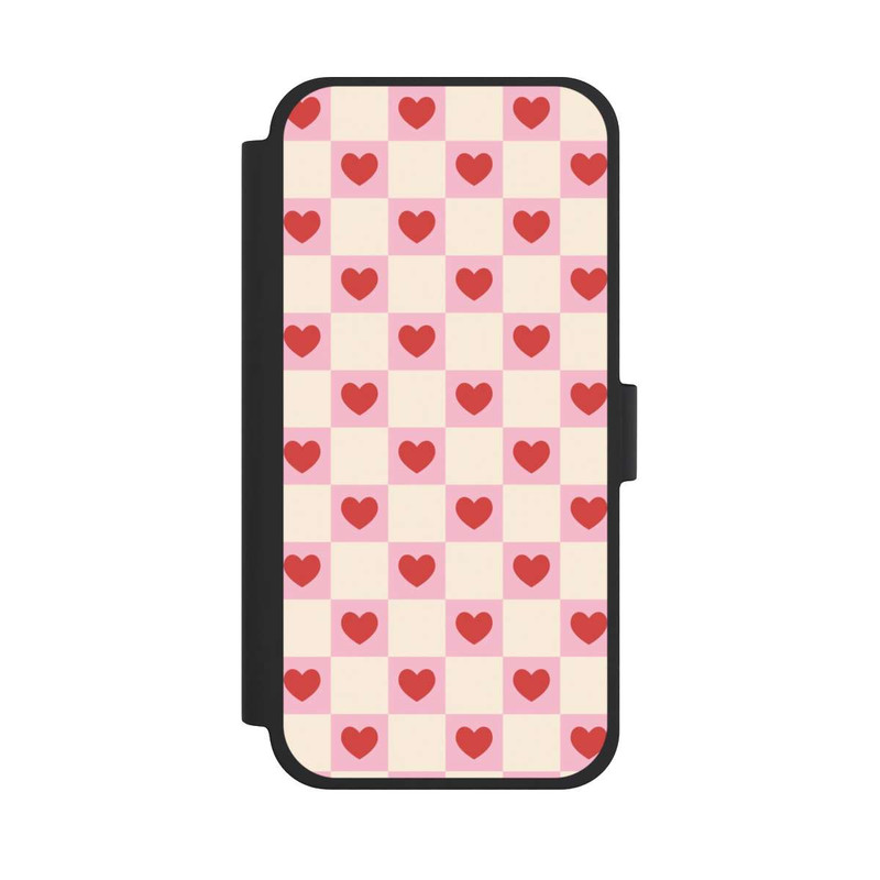 iPhone 15 Plus NIVOflip Rosa Kariertes Herzmuster Valentinstag