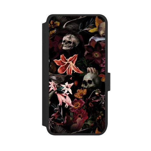 Samsung Galaxy S25 NIVOflip Totenköpfe und Blumen auf dunklem Hintergrund
