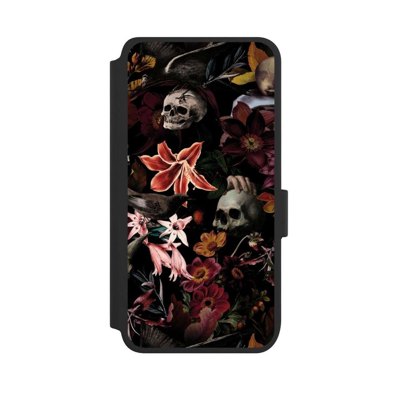 Galaxy S25 NIVOflip Totenköpfe und Blumen auf dunklem Hintergrund