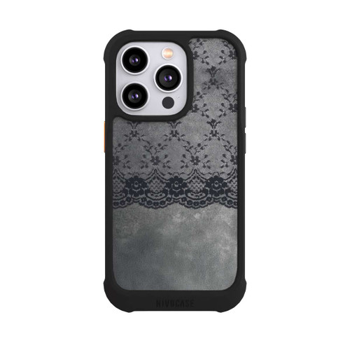 Apple iPhone 14 Pro NIVOmax Schwarzes Spitzenmuster auf grauem Hintergrund
