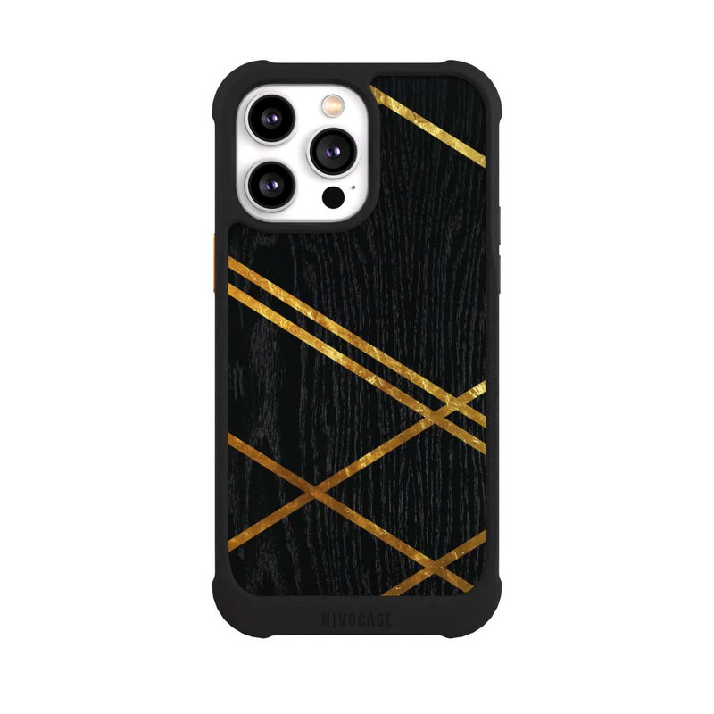 iPhone 14 Pro Max NIVOmax Schwarzes geometrisches Muster Goldene Streifen