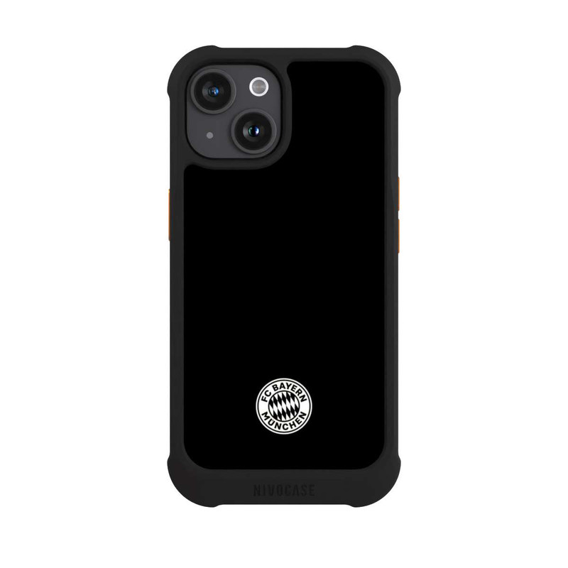 iPhone 15 NIVOmax Logo FCB Classique Petit - Blanc sur Fond Noir