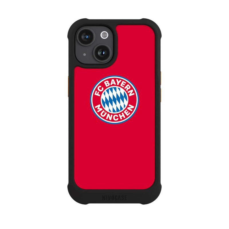 iPhone 15 NIVOmax FCB Logo sur fond rouge