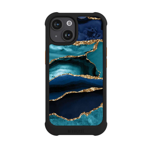 Apple iPhone 15 NIVOmax Dark and Light Blue Marble Gold Glitter Look