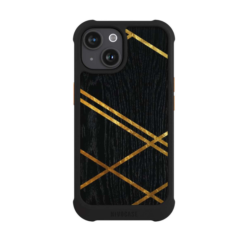 iPhone 15 NIVOmax Black Geometric Pattern Golden Stripes