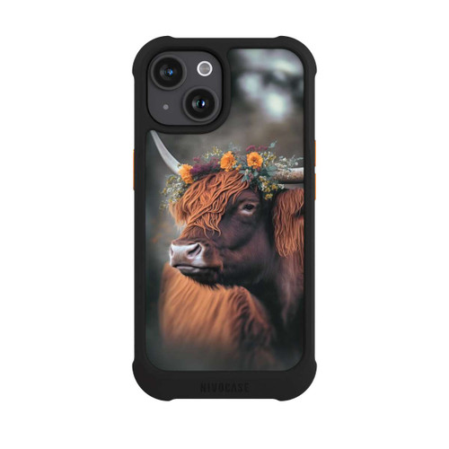 Apple iPhone 15 NIVOmax Vache des Highlands avec des fleurs avec IA