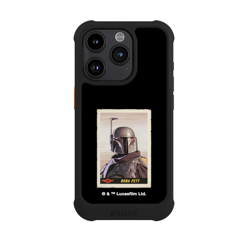 iPhone 15 Pro NIVOmax Boba Fett Badges Schwarzer Hintergrund
