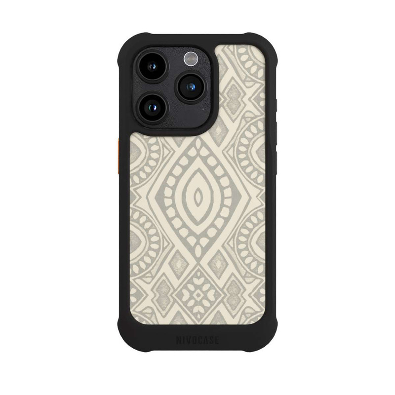 iPhone 15 Pro NIVOmax Boho Geometric Mosaic Pattern Neutral Grey and Beige