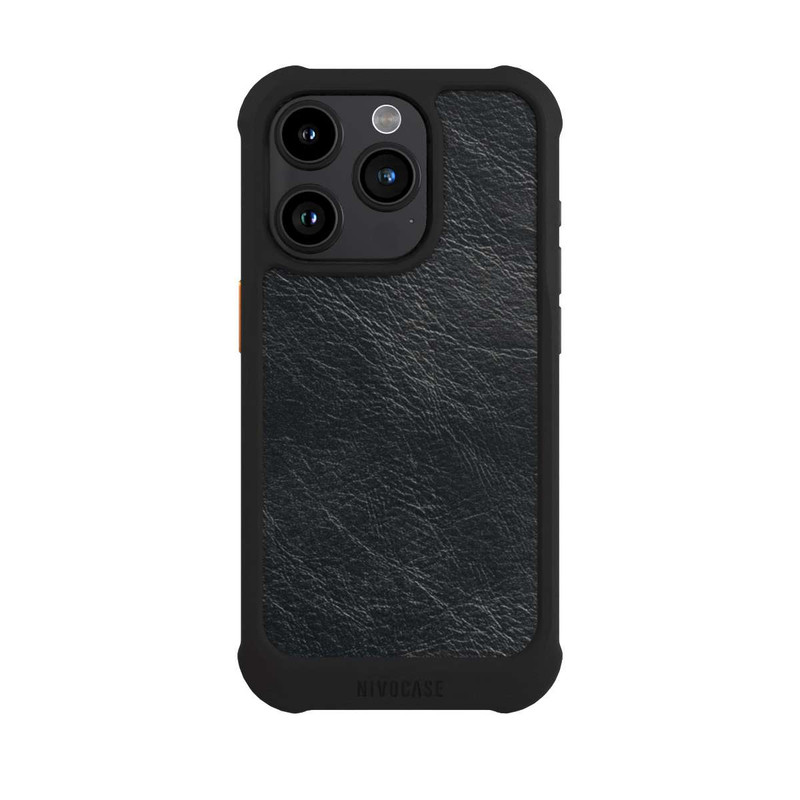 iPhone 15 Pro NIVOmax Schwarzer Lederlook Hintergrund