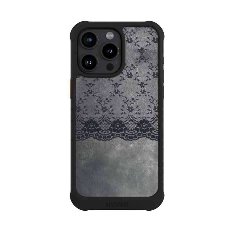iPhone 15 Pro Max NIVOmax Schwarzes Spitzenmuster auf grauem Hintergrund