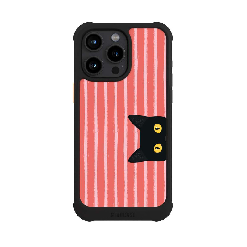 iPhone 15 Pro Max NIVOmax Chat noir sur fond rayé orange
