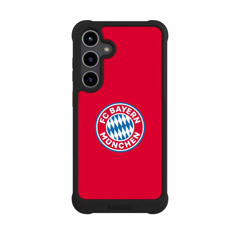 Galaxy S24 + NIVOmax FCB Logo sur fond rouge