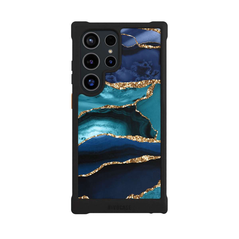Galaxy S24 Ultra NIVOmax Aspect pailleté doré marbré bleu foncé et bleu clair