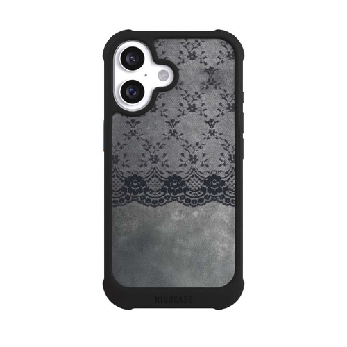 Apple iPhone 16 NIVOmax Schwarzes Spitzenmuster auf grauem Hintergrund