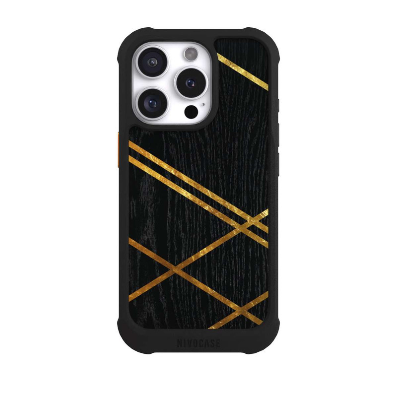 iPhone 16 Pro NIVOmax Noir Motif géométrique Rayures dorées