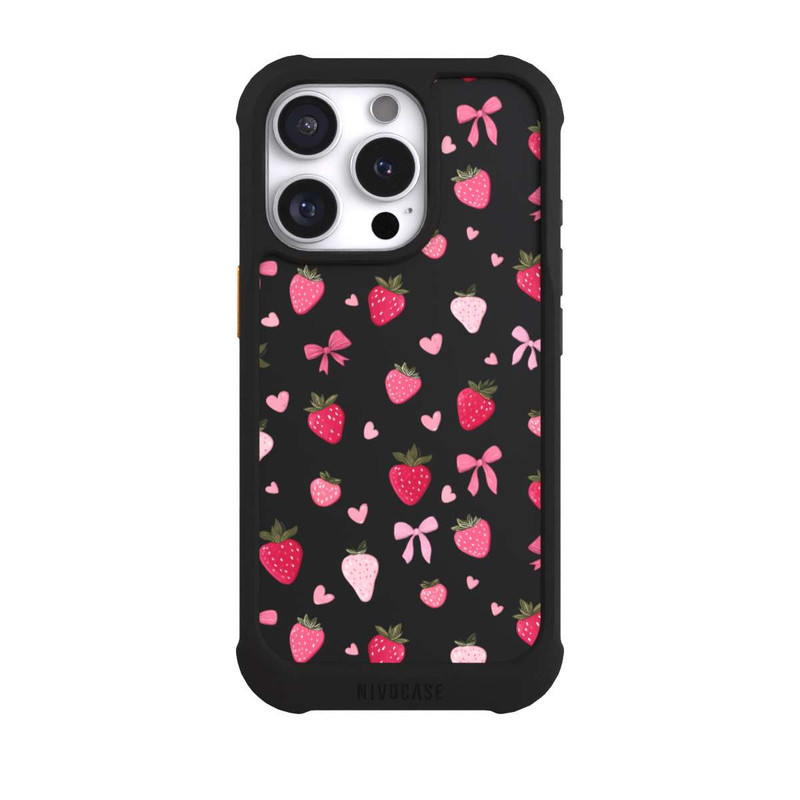 iPhone 16 Pro NIVOmax Erdbeer Herz Schleifen Pink Muster Transparent