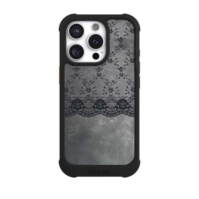 iPhone 16 Pro NIVOmax Schwarzes Spitzenmuster auf grauem Hintergrund
