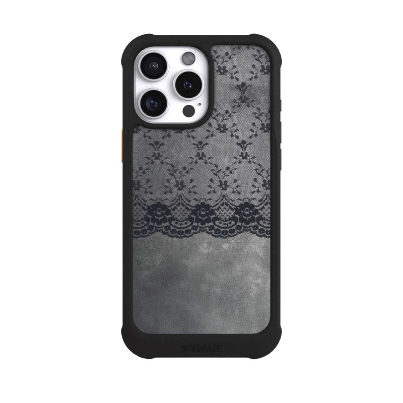 iPhone 16 Pro Max NIVOmax Schwarzes Spitzenmuster auf grauem Hintergrund