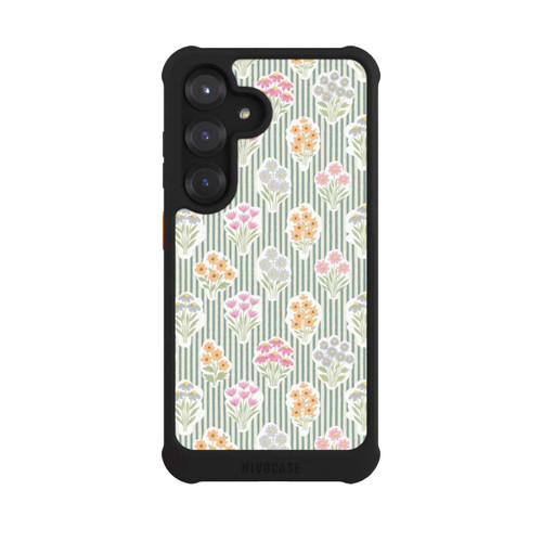 Samsung Galaxy S25 NIVOmax Ditsy Flower Sticker Bouquets on Blue and Cream Pinstripes