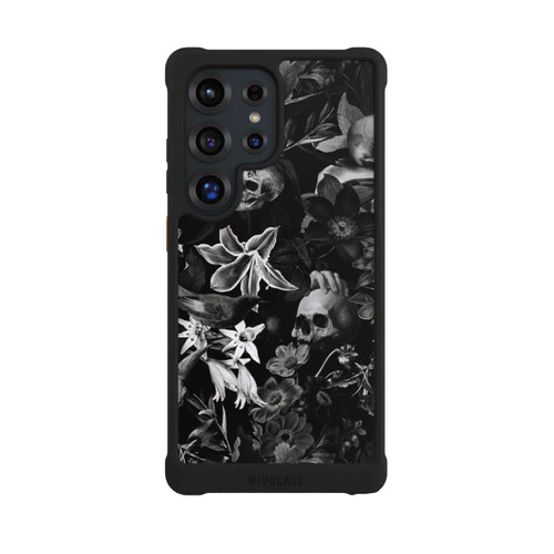 Samsung Galaxy S25 Ultra NIVOmax Totenköpfe und Blumen auf schwarzem Hintergrund
