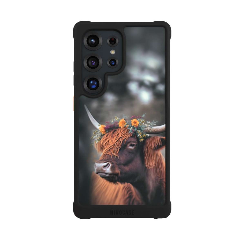 Galaxy S25 Ultra NIVOmax Vache des Highlands avec des fleurs avec IA