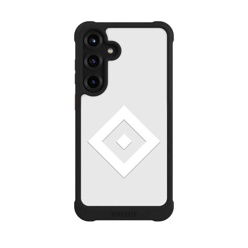 Galaxy S25 + NIVOmax Logo en forme de losange sur fond gris HSV