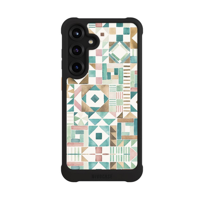 Galaxy S25 + NIVOmax Geometric Blocks Retro Vintage Patchwork Green