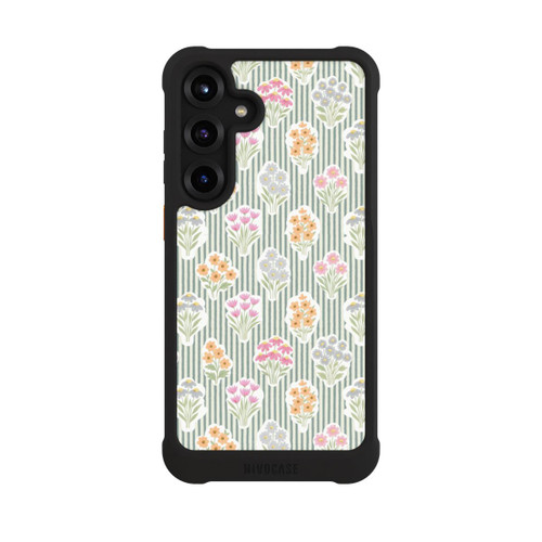 Samsung Galaxy S25+  NIVOmax Ditsy Flower Sticker Bouquets on Blue and Cream Pinstripes