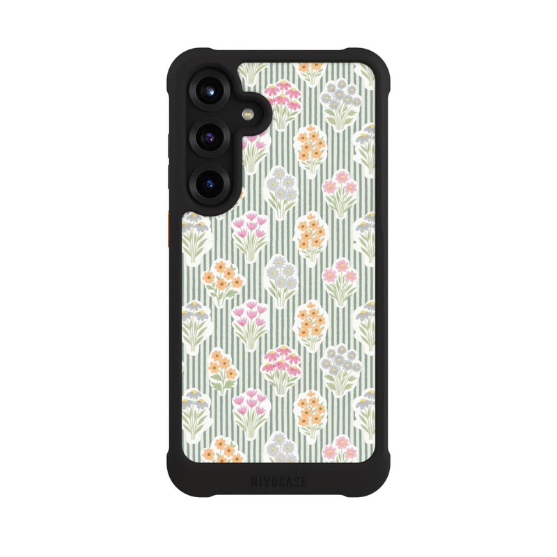 Galaxy S25 + NIVOmax Ditsy Flower Sticker Bouquets on Blue and Cream Pinstripes