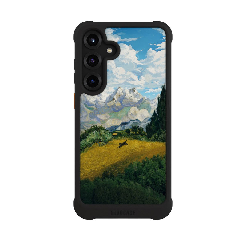 Galaxy S25 + NIVOmax Weizenfeld mit Zypressen von van Gogh mit Katze mit KI
