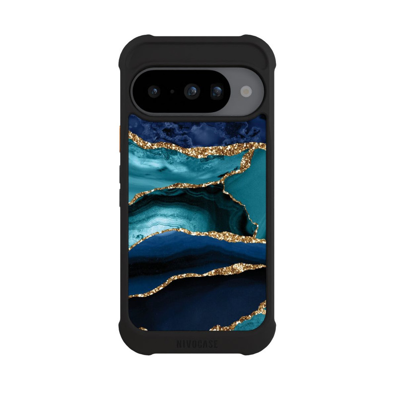 Pixel 10 NIVOmax Dark and Light Blue Marble Gold Glitter Look