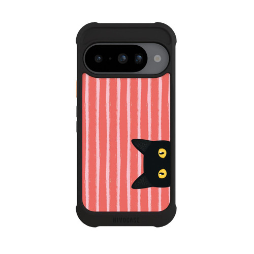 Google Pixel 10 NIVOmax Chat noir sur fond rayé orange
