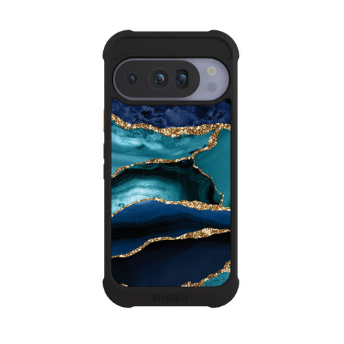 Google Pixel 10 Pro NIVOmax Dark and Light Blue Marble Gold Glitter Look