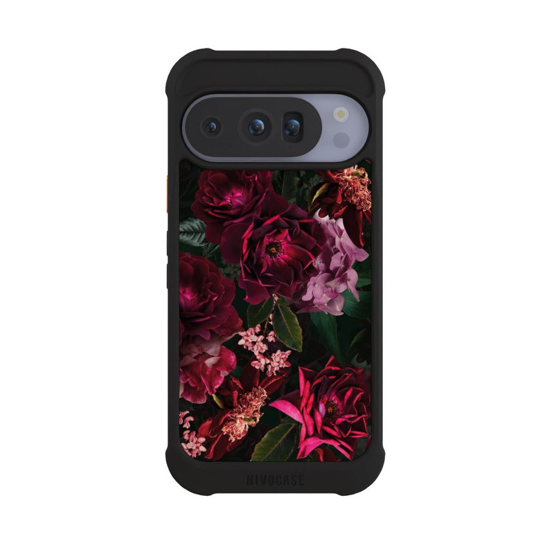 Pixel 10 Pro NIVOmax Dunkelrote und rosa Blüten