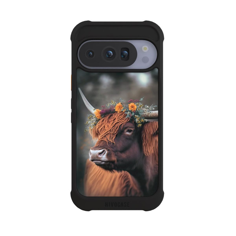 Pixel 10 Pro NIVOmax Vache des Highlands avec des fleurs avec IA