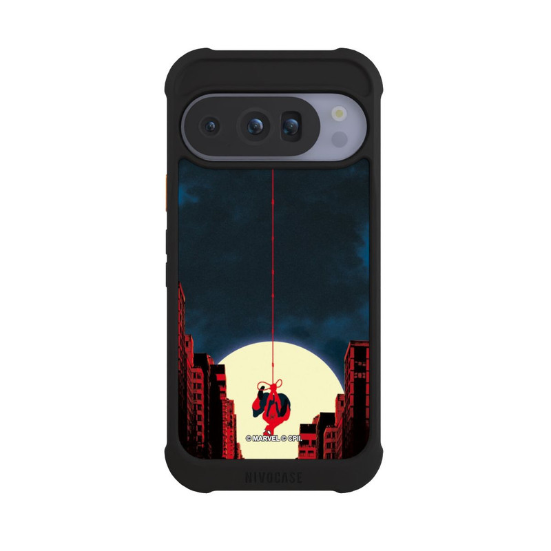 Pixel 10 Pro NIVOmax Spider-Man Marvel between Skyscrapers