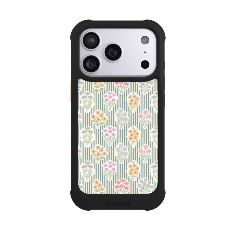 iPhone 17 Pro NIVOmax Ditsy Flower Sticker Bouquets on Blue and Cream Pinstripes