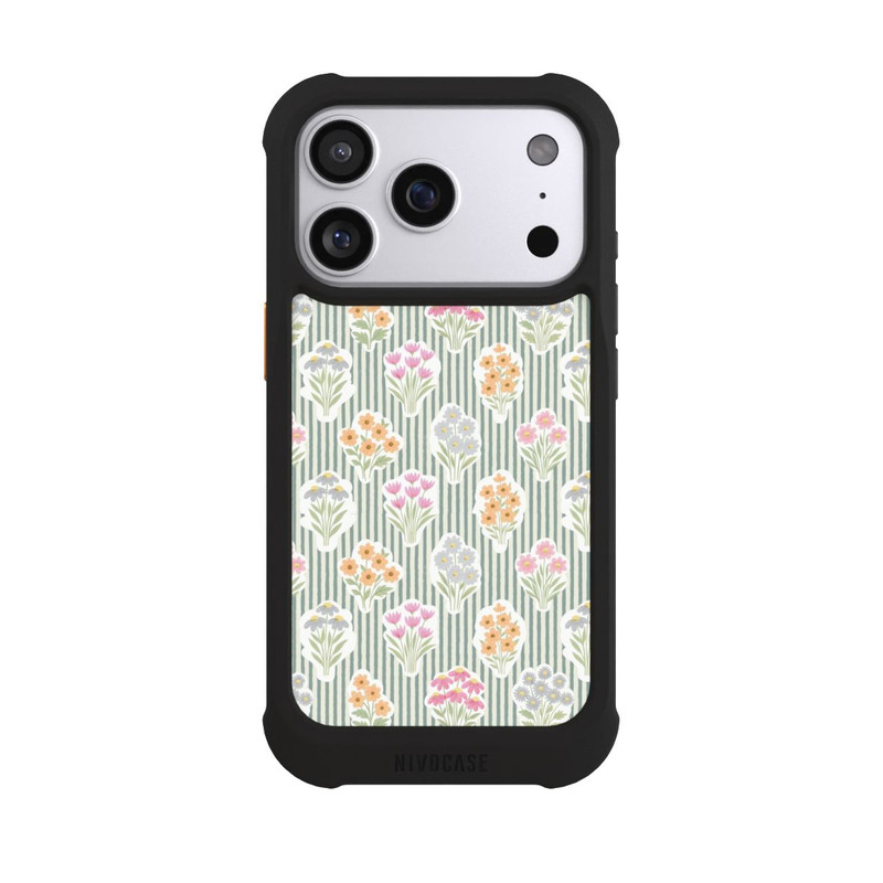 iPhone 17 Pro NIVOmax Ditsy Flower Sticker Bouquets on Blue and Cream Pinstripes