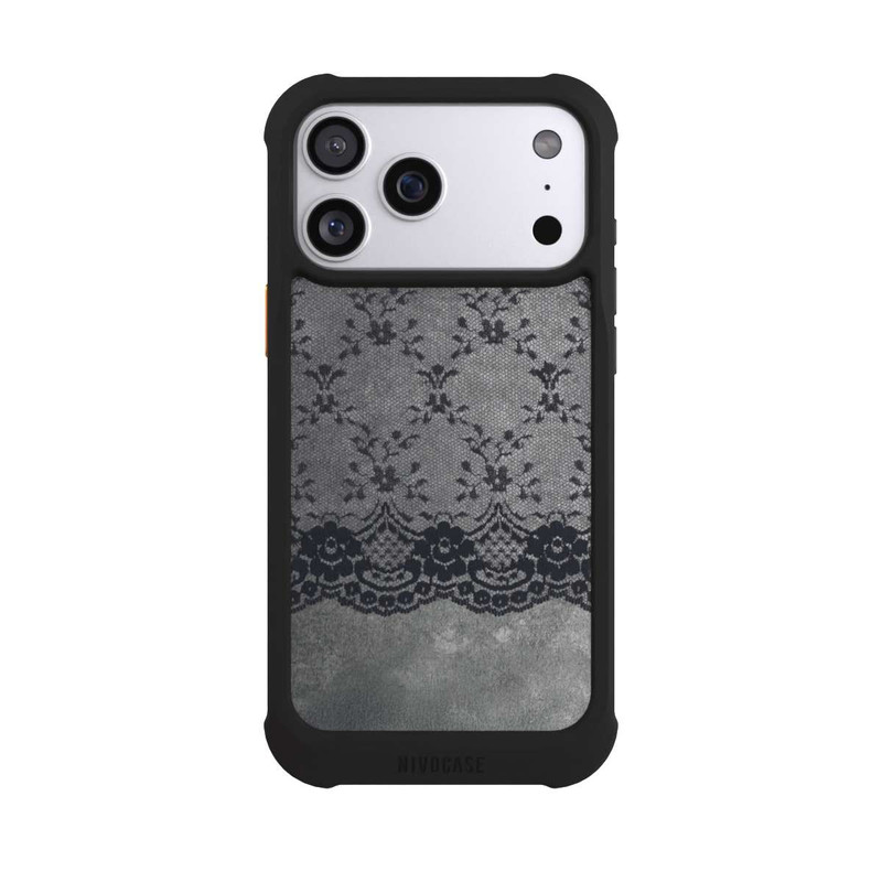 iPhone 17 Pro Max NIVOmax Motif de Dentelle Noire sur fond gris