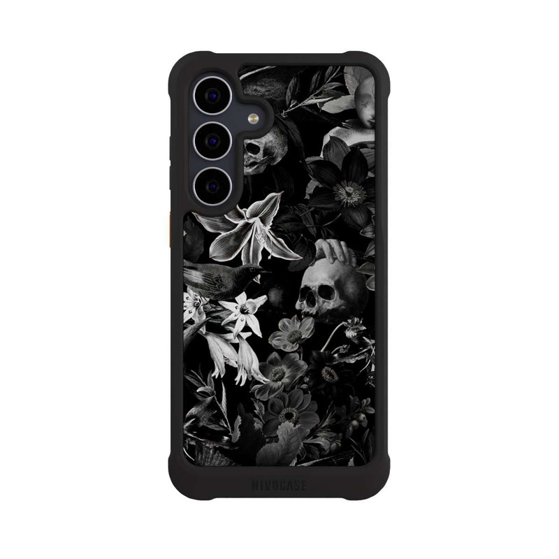 Galaxy S25 FE NIVOmax Totenköpfe und Blumen auf schwarzem Hintergrund