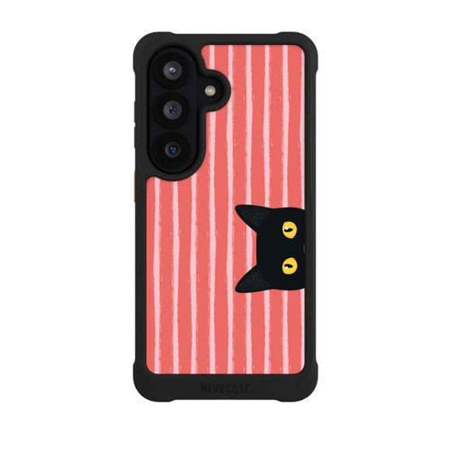 Samsung Galaxy S26 NIVOmax Chat noir sur fond rayé orange