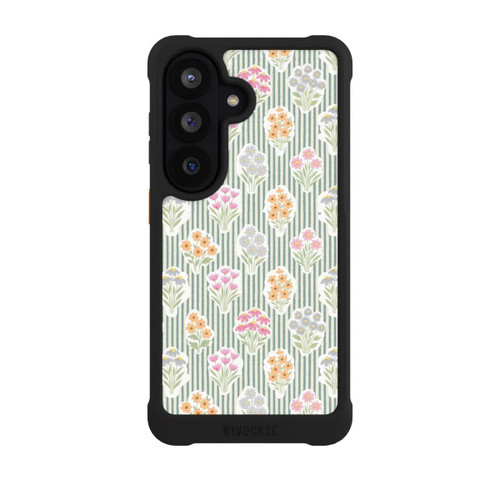 Samsung Galaxy S26 NIVOmax Ditsy Flower Sticker Bouquets on Blue and Cream Pinstripes