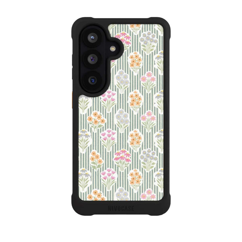 Galaxy S26 NIVOmax Ditsy Flower Sticker Bouquets on Blue and Cream Pinstripes