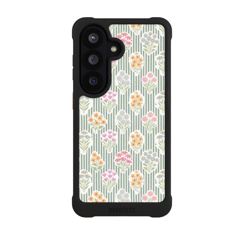 Galaxy S26 NIVOmax Ditsy Flower Sticker Bouquets on Blue and Cream Pinstripes