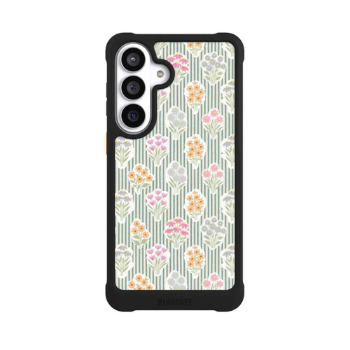 Samsung Galaxy S26+ NIVOmax Ditsy Flower Sticker Bouquets on Blue and Cream Pinstripes