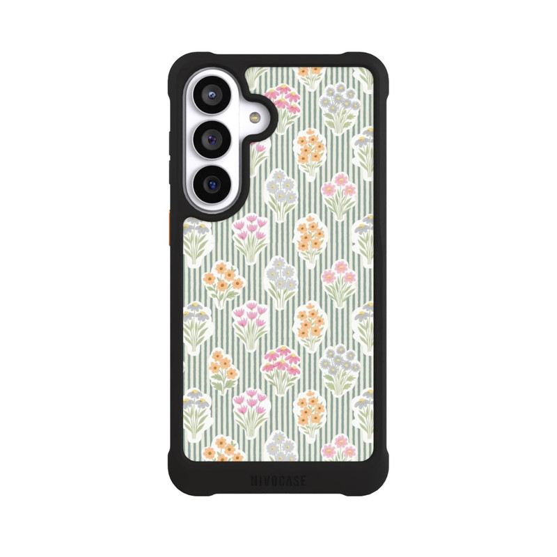 Galaxy S26+ NIVOmax Ditsy Flower Sticker Bouquets on Blue and Cream Pinstripes