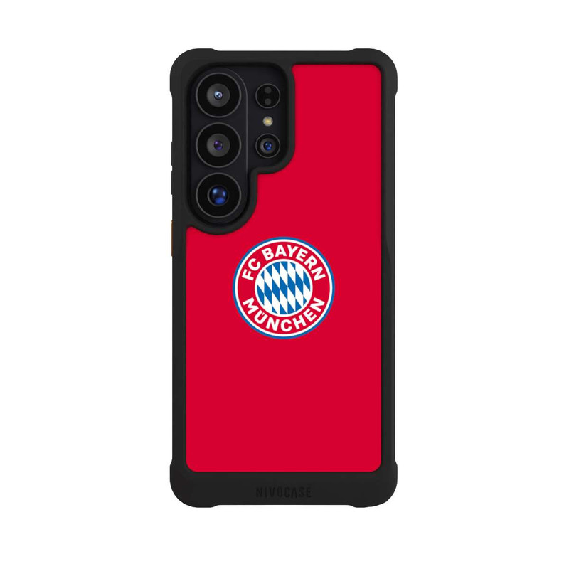 Galaxy S26 Ultra NIVOmax FCB Logo sur fond rouge
