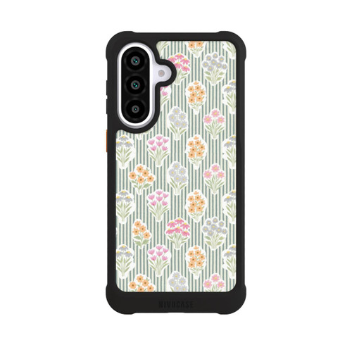 Samsung Galaxy A57 5G NIVOmax Ditsy Flower Sticker Bouquets on Blue and Cream Pinstripes
