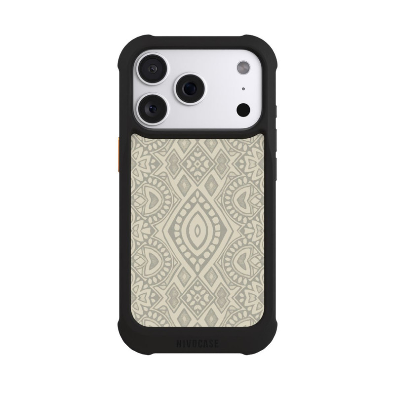 iPhone 18 Pro NIVOmax Boho Geometric Mosaic Pattern Neutral Grey and Beige